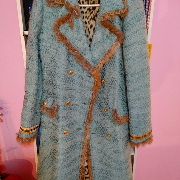 Roberto Cavalli Jackets & Blazers - Roberto Cavalli Aqua Blue Pea Coat with Brown Fur Trim
